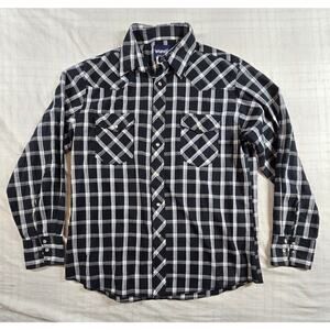 Vintage Wrangler Men's Western Shirt Classic Black White Plaid Pearl Snap L
